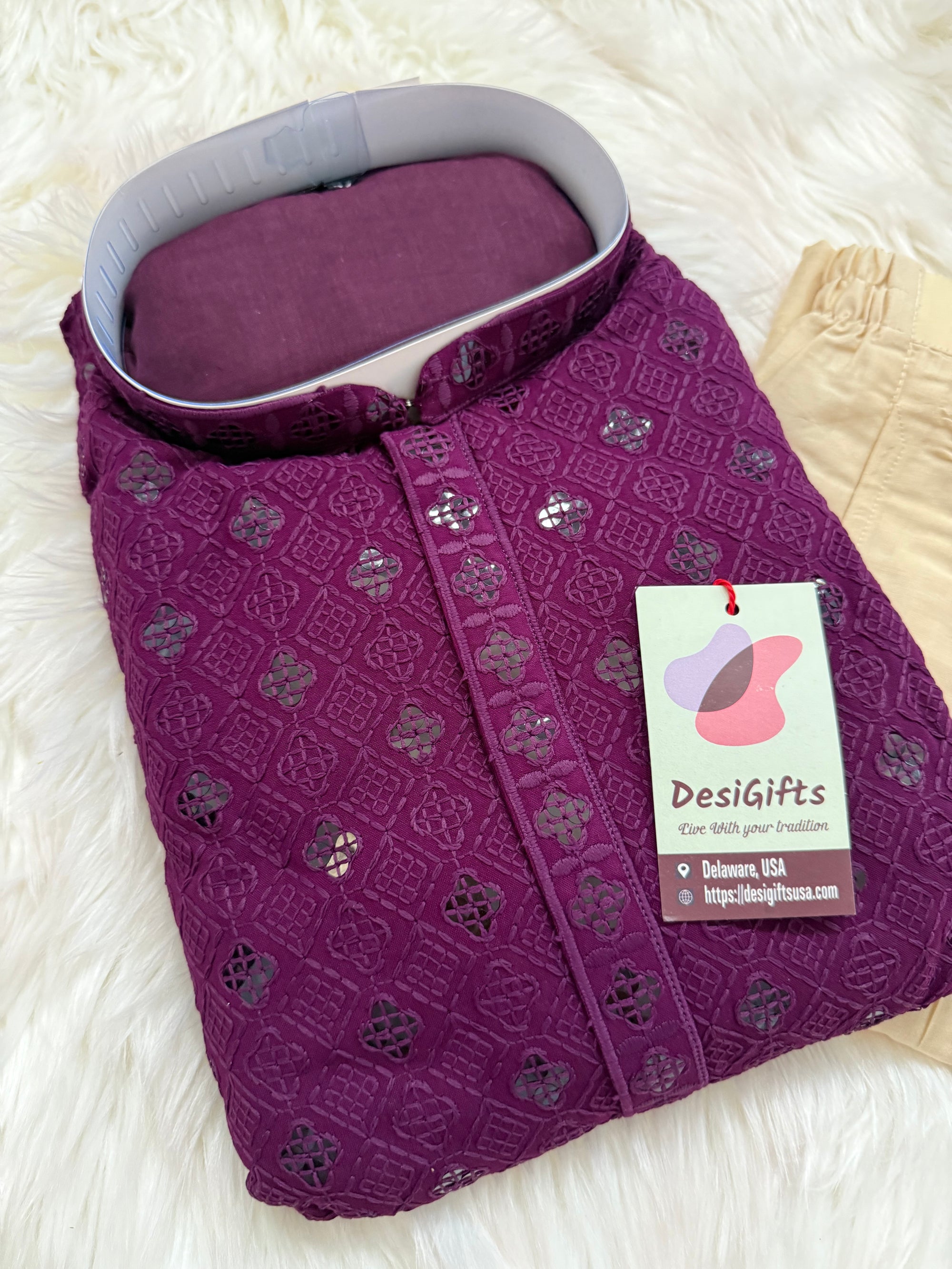Purple Shade Chikankari Embroidery with Sequins Work Kurta Pajama Set with Cotton Linen, Indian Kurta for Man, KP - 1831
