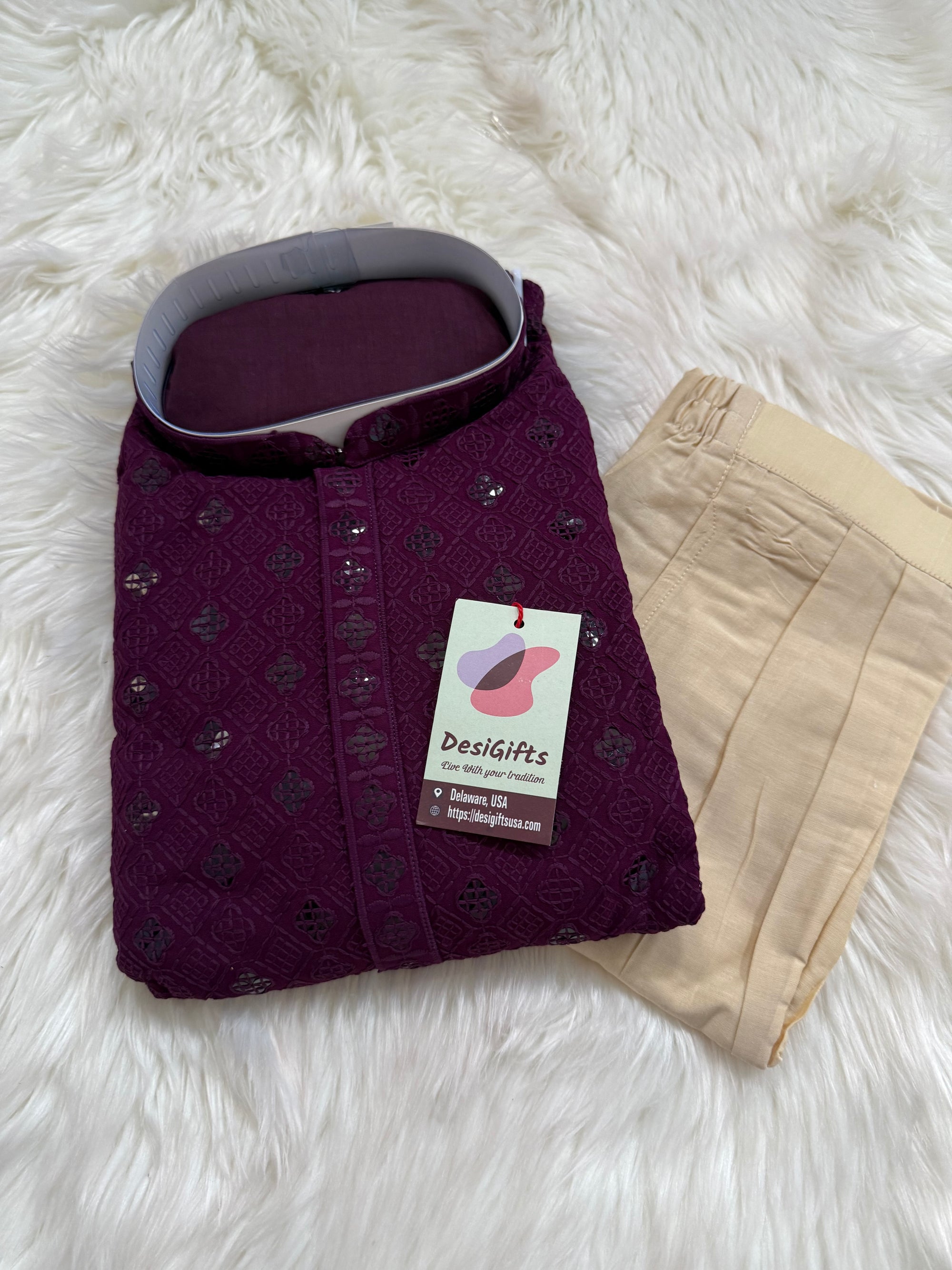 Purple Shade Chikankari Embroidery with Sequins Work Kurta Pajama Set with Cotton Linen, Indian Kurta for Man, KP - 1831
