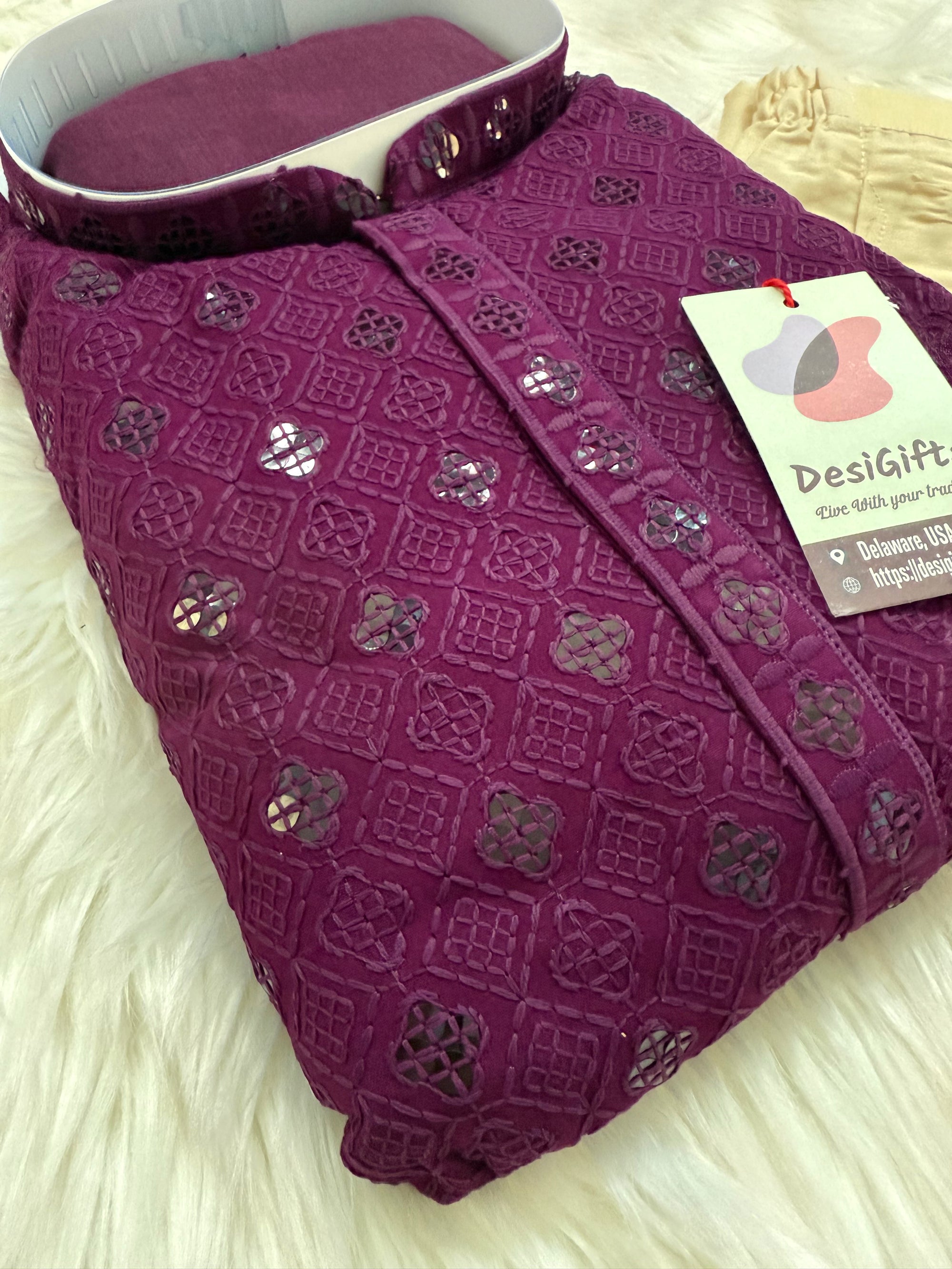Purple Shade Chikankari Embroidery with Sequins Work Kurta Pajama Set with Cotton Linen, Indian Kurta for Man, KP - 1831