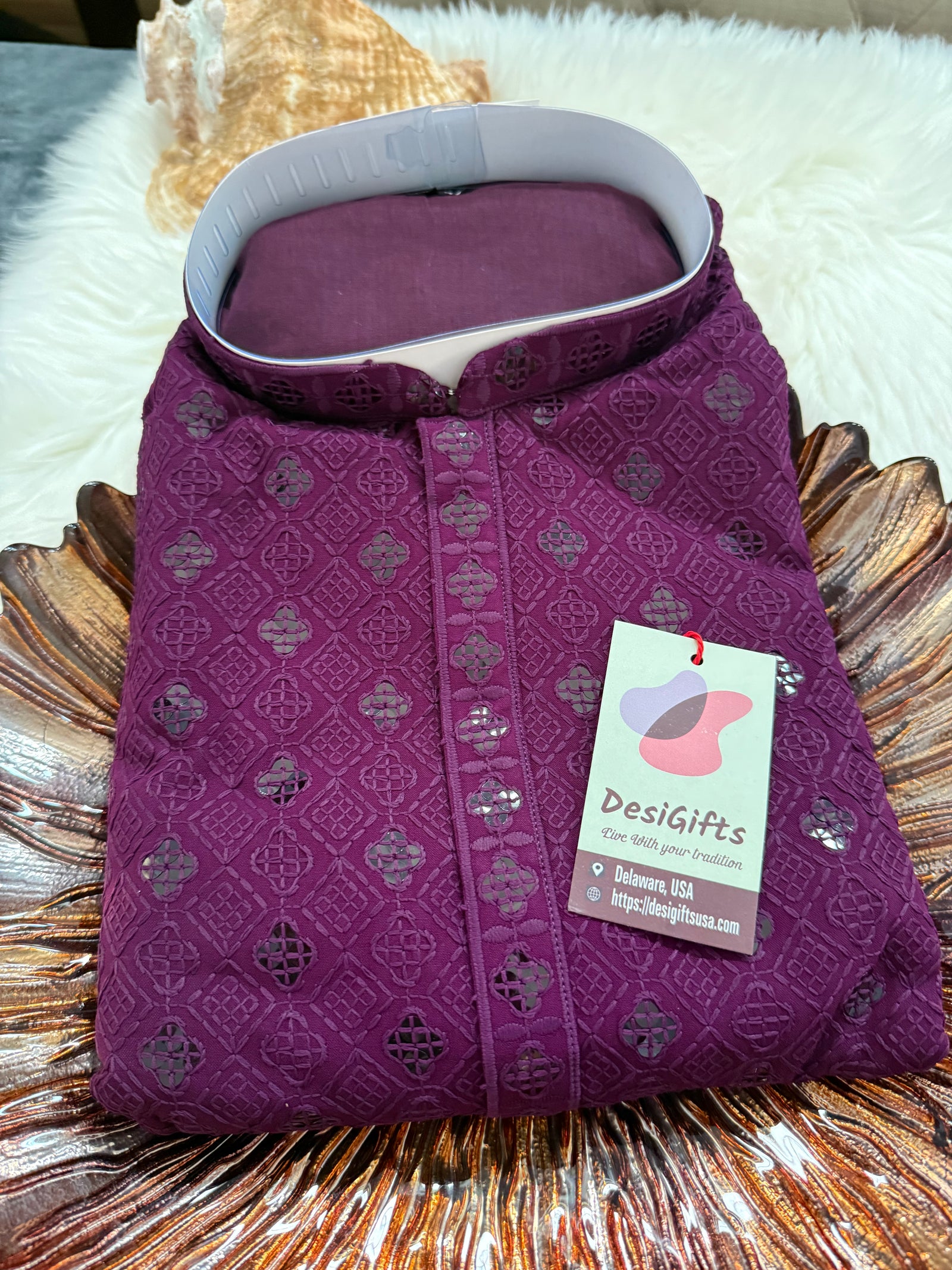 Purple Shade Chikankari Embroidery with Sequins Work Kurta Pajama Set with Cotton Linen, Indian Kurta for Man, KP - 1831