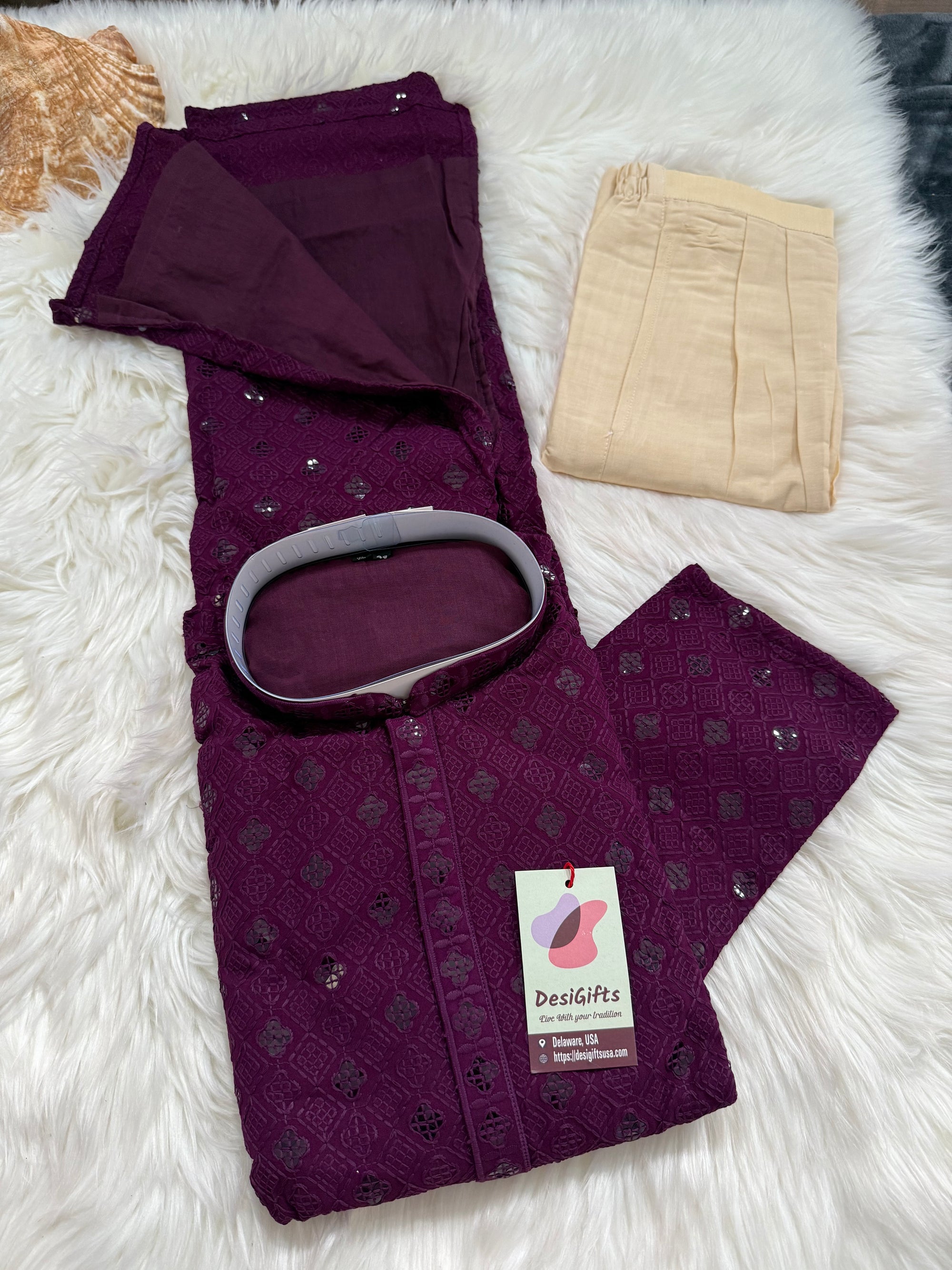 Purple Shade Chikankari Embroidery with Sequins Work Kurta Pajama Set with Cotton Linen, Indian Kurta for Man, KP - 1831