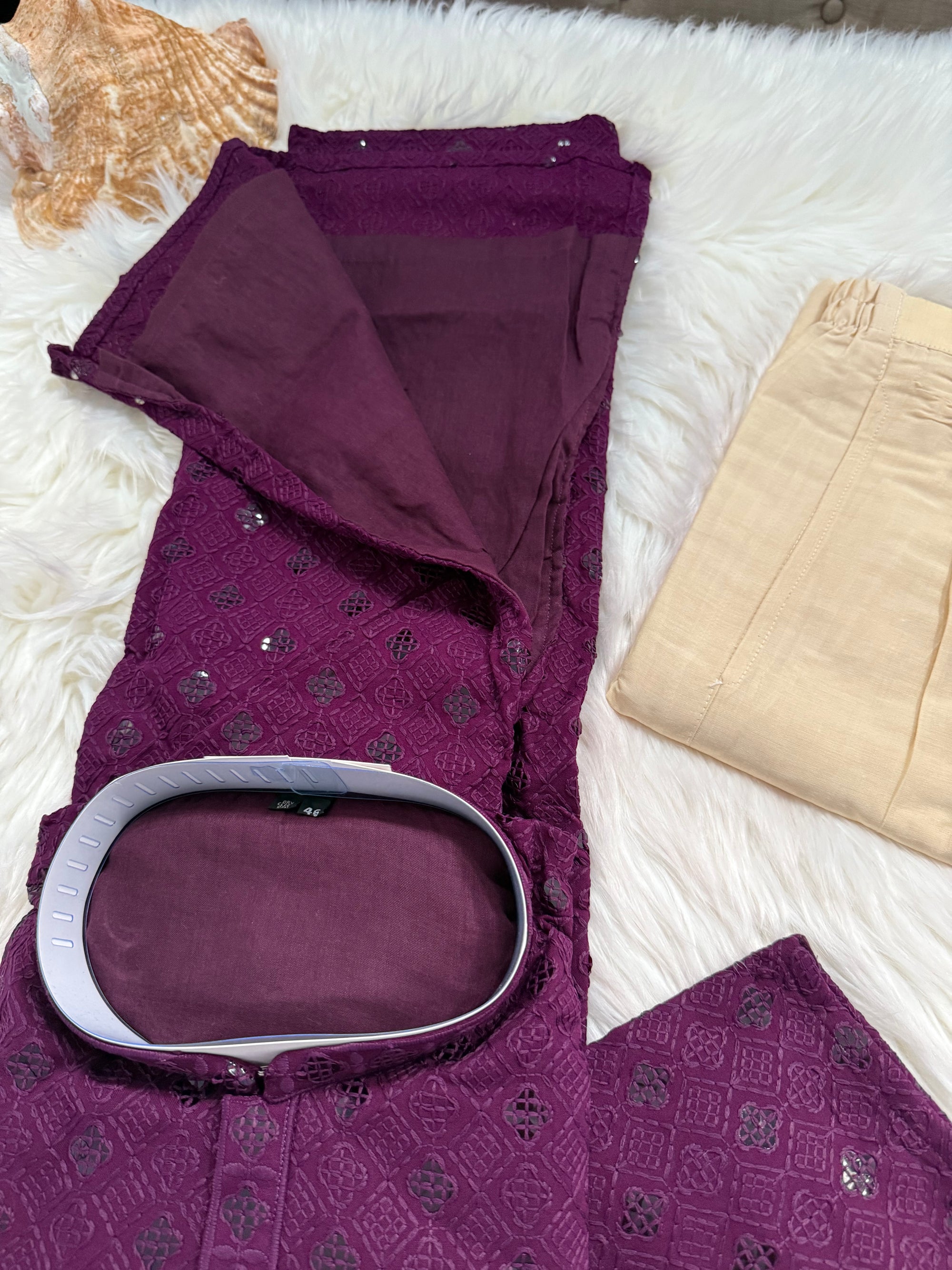 Purple Shade Chikankari Embroidery with Sequins Work Kurta Pajama Set with Cotton Linen, Indian Kurta for Man, KP - 1831