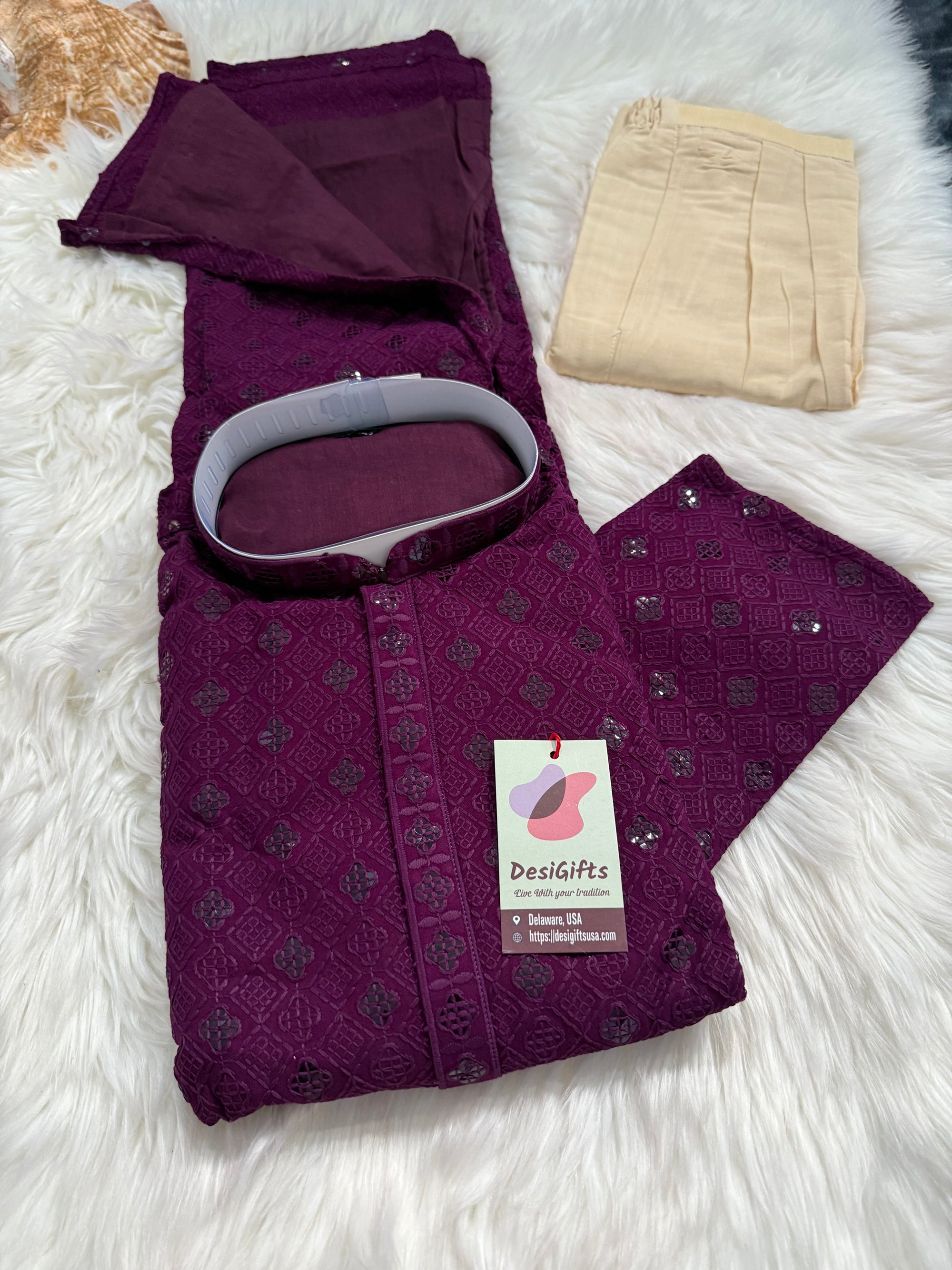 Purple Shade Chikankari Embroidery with Sequins Work Kurta Pajama Set with Cotton Linen, Indian Kurta for Man, KP - 1831