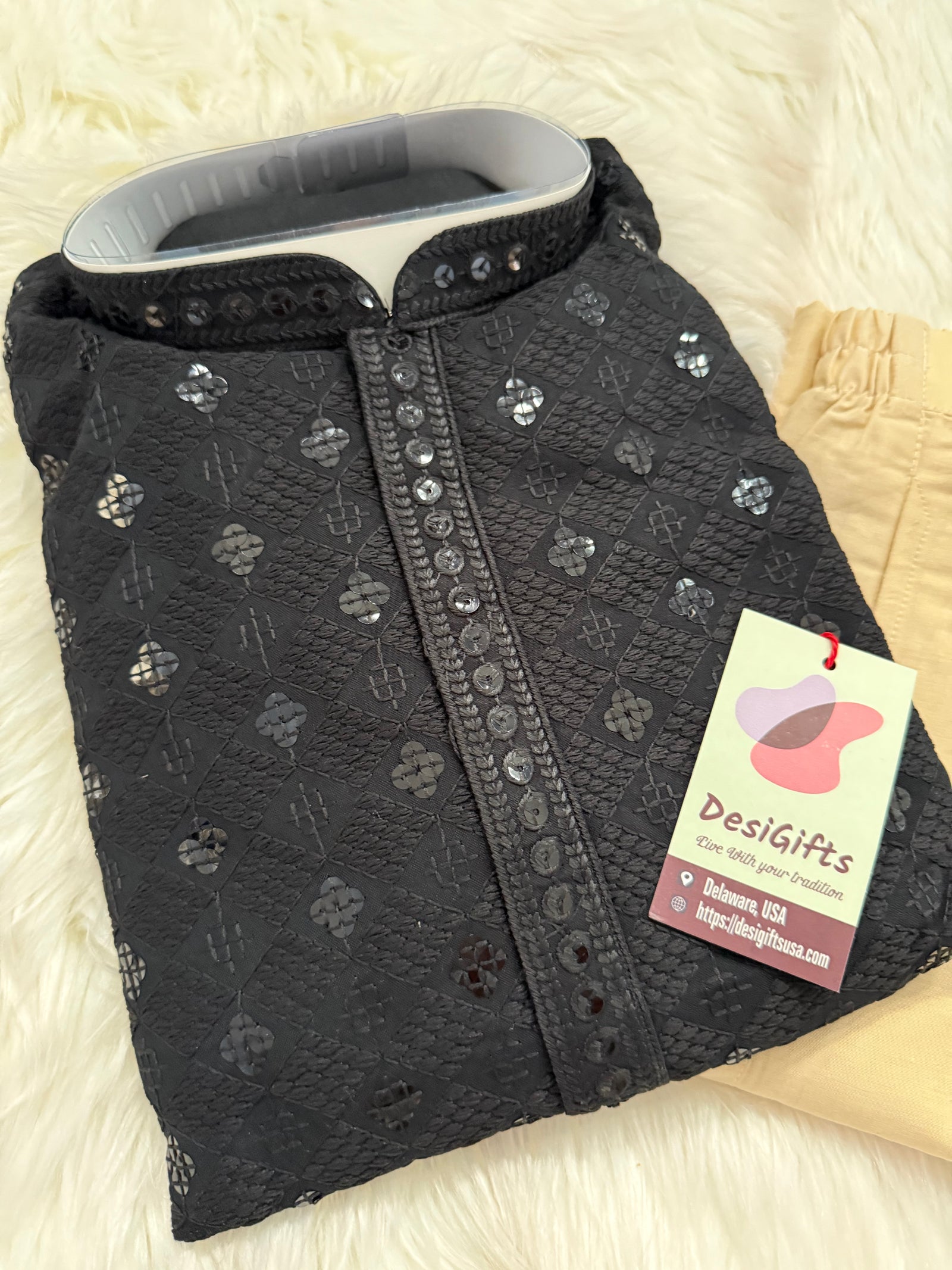 Black Shade Chikankari Embroidery with Sequins Work Kurta Pajama Set with Cotton Linen, Indian Kurta for Man, KP - 1832