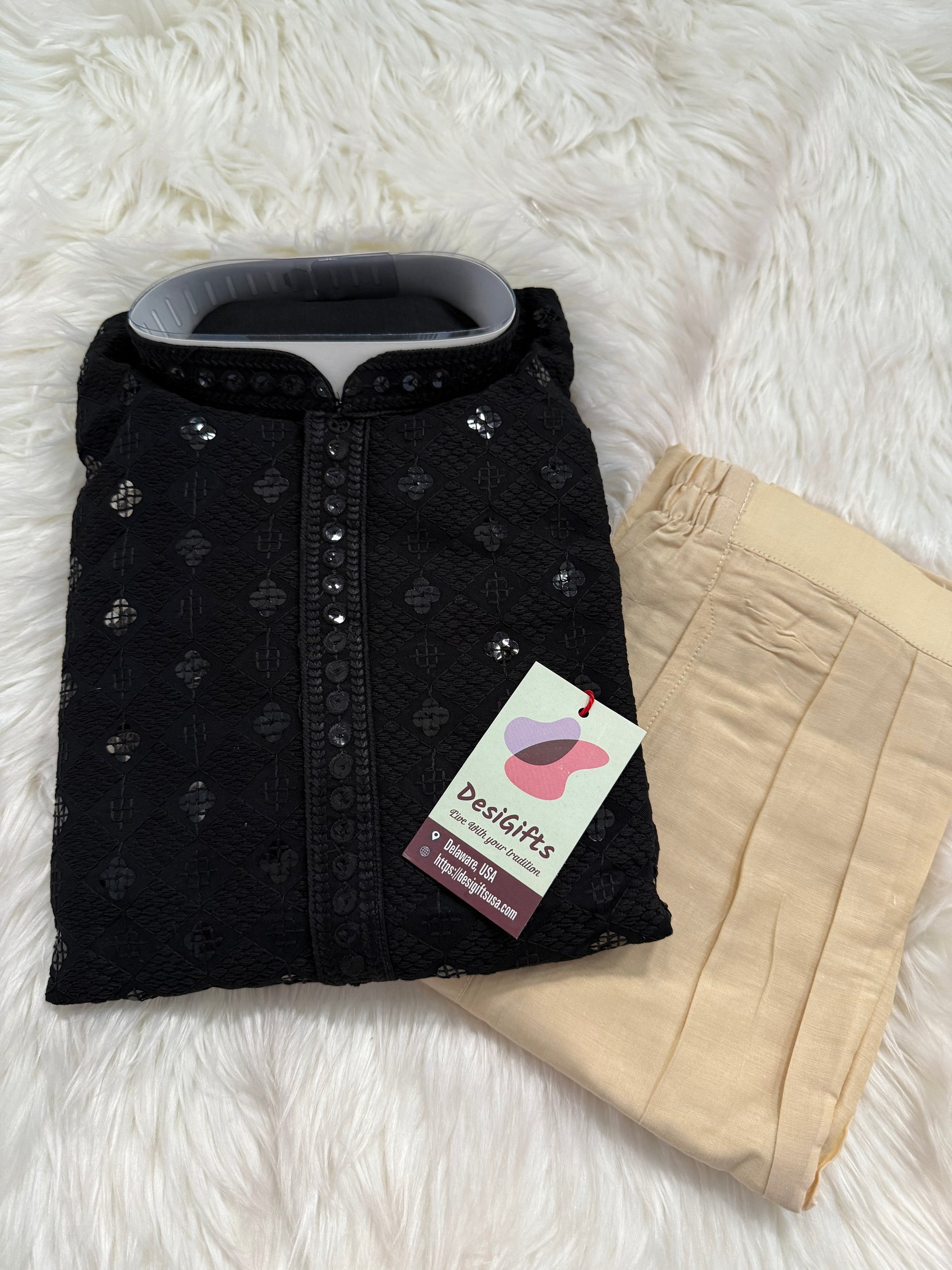Black Shade Chikankari Embroidery with Sequins Work Kurta Pajama Set with Cotton Linen, Indian Kurta for Man, KP - 1832