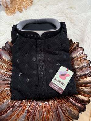 Black Shade Chikankari Embroidery with Sequins Work Kurta Pajama Set with Cotton Linen, Indian Kurta for Man, KP - 1832