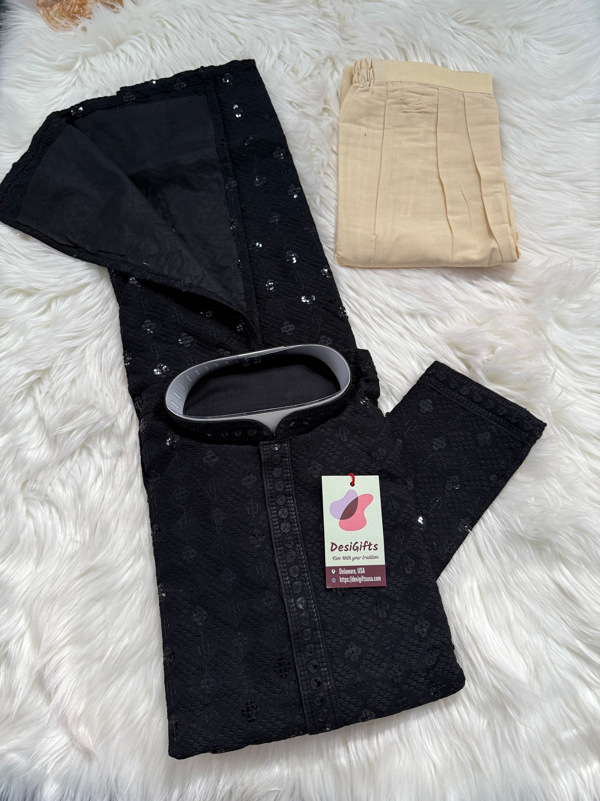Black Shade Chikankari Embroidery with Sequins Work Kurta Pajama Set with Cotton Linen, Indian Kurta for Man, KP - 1832