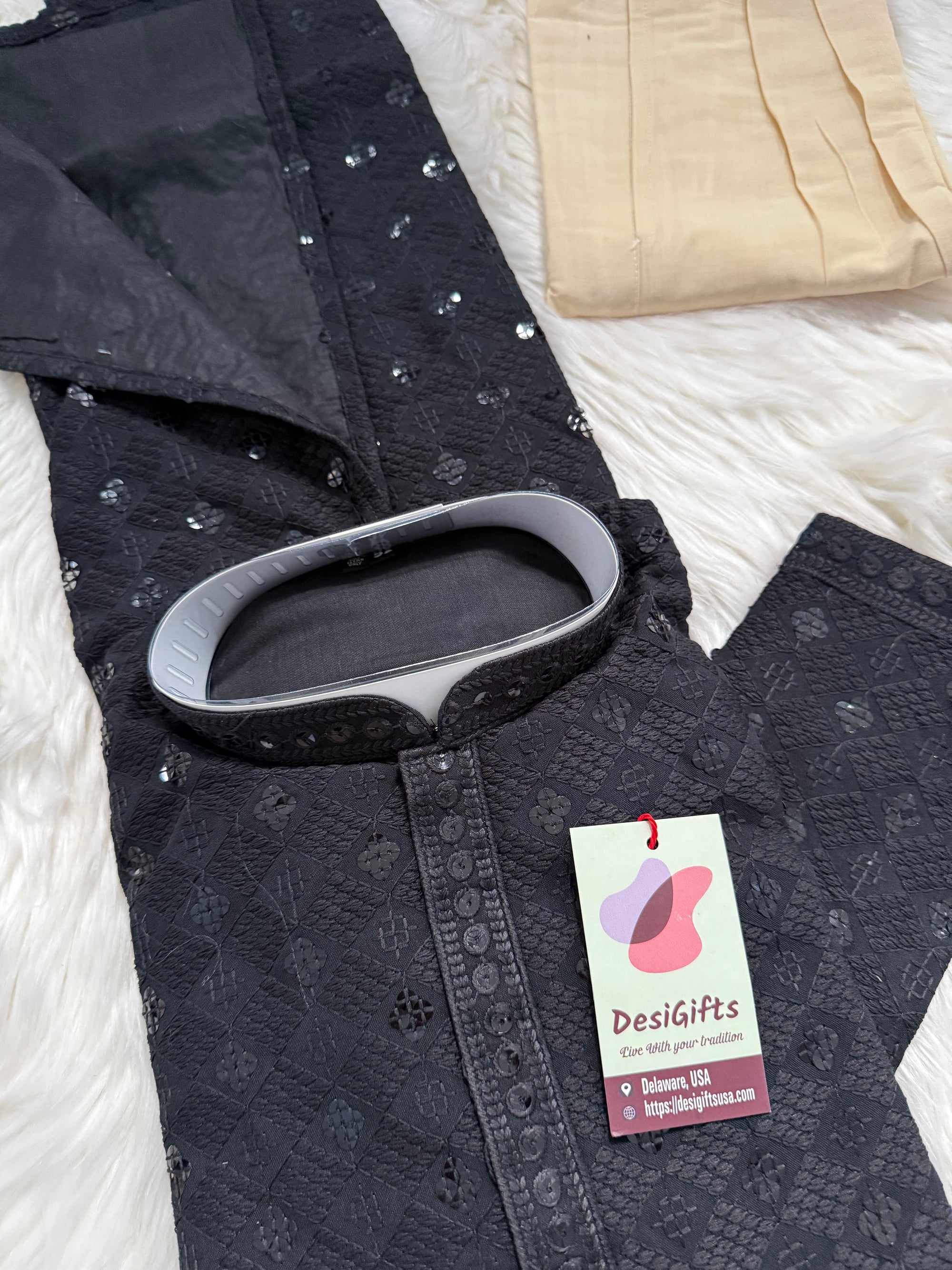 Black Shade Chikankari Embroidery with Sequins Work Kurta Pajama Set with Cotton Linen, Indian Kurta for Man, KP - 1832