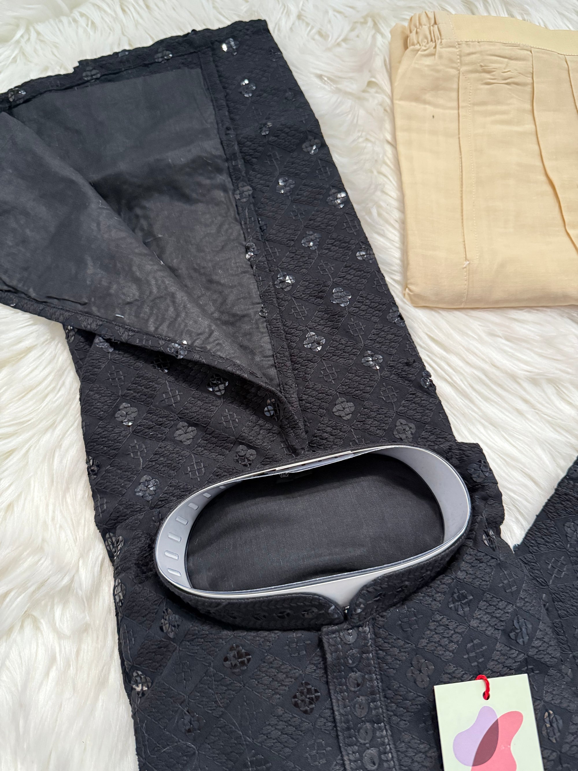 Black Shade Chikankari Embroidery with Sequins Work Kurta Pajama Set with Cotton Linen, Indian Kurta for Man, KP - 1832