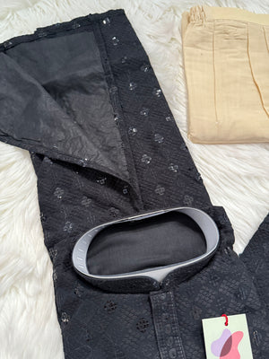 Black Shade Chikankari Embroidery with Sequins Work Kurta Pajama Set with Cotton Linen, Indian Kurta for Man, KP - 1832