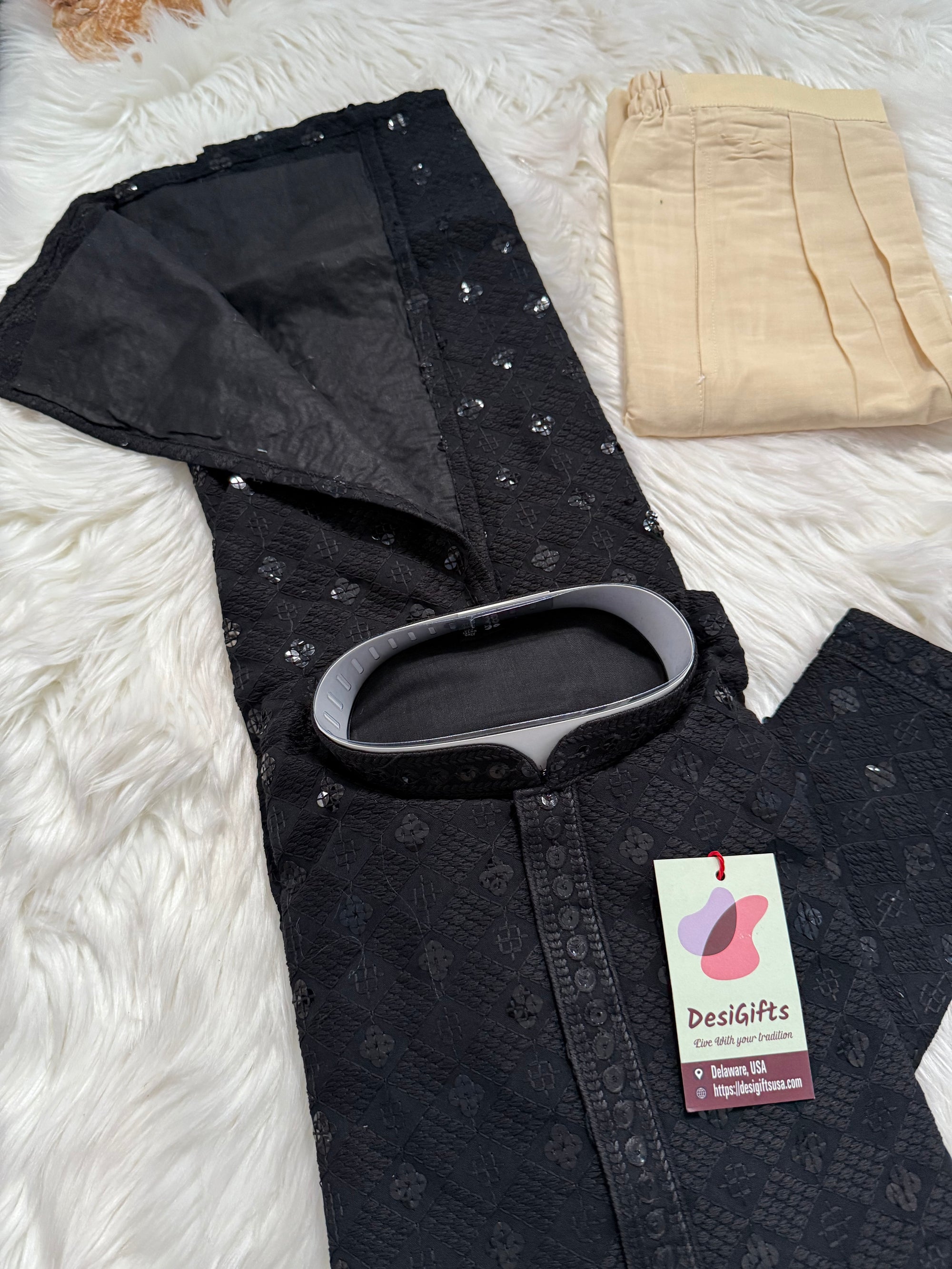 Black Shade Chikankari Embroidery with Sequins Work Kurta Pajama Set with Cotton Linen, Indian Kurta for Man, KP - 1832
