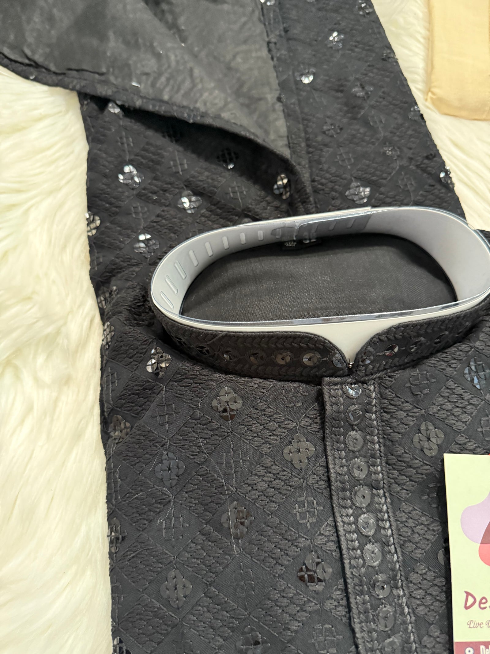 Black Shade Chikankari Embroidery with Sequins Work Kurta Pajama Set with Cotton Linen, Indian Kurta for Man, KP - 1832