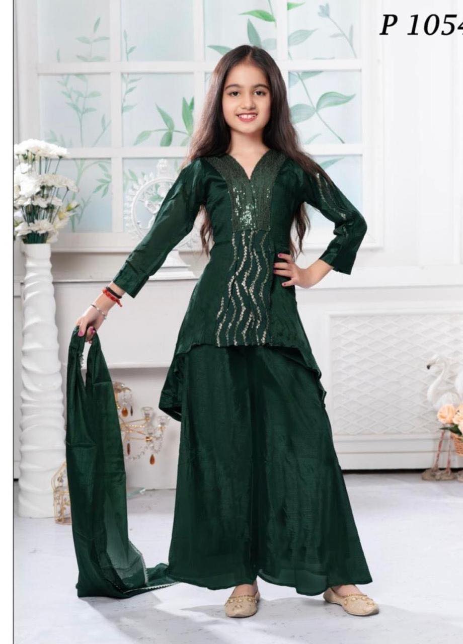 Girls’ Indian Ethnic Palazzo Suit – Dark Green with Sequins Work, GRL -1835