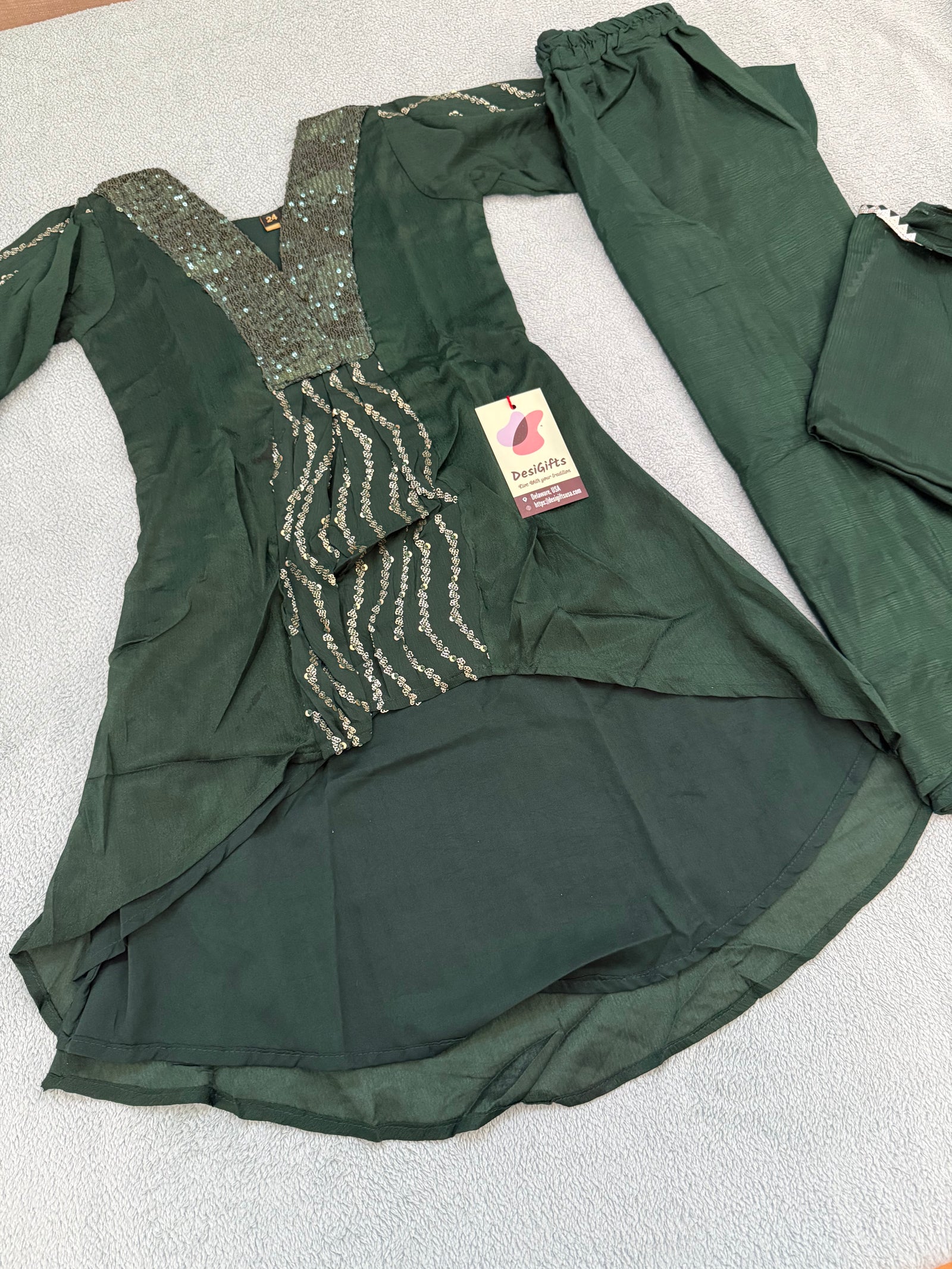 Girls’ Indian Ethnic Palazzo Suit – Dark Green with Sequins Work, GRL -1835