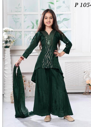 Girls’ Indian Ethnic Palazzo Suit – Dark Green with Sequins Work, GRL -1835