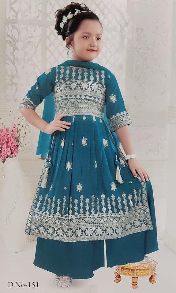 Stylish 3-Piece Teal Shade Kurti Palazzo Dress for Girls – Fine Georgette Fabric, Embroidery and Sequin Work, Design G-1837 Size 34 / Teal