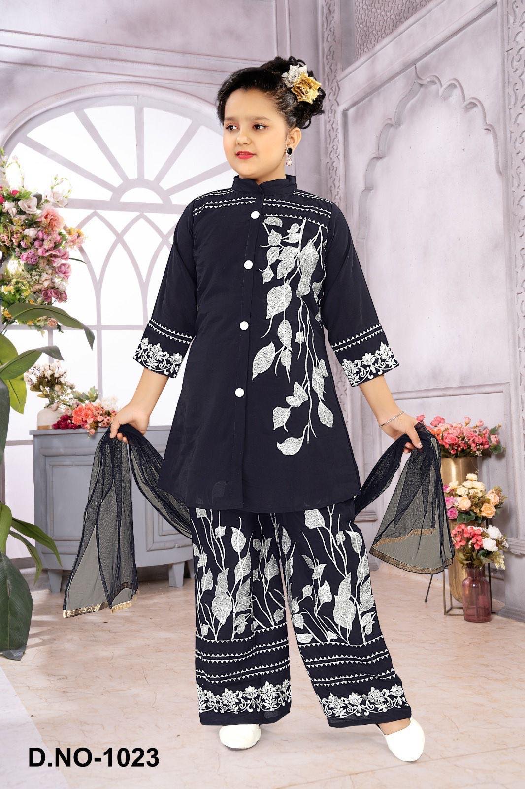 Black Floral Embroidery Front Open Button Shirt Palazzo Suit Dress for Girls, Party & Festive Indian Ethnic Wear, GRL -1838