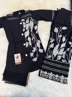 Black Floral Embroidery Front Open Button Shirt Palazzo Suit Dress for Girls, Party & Festive Indian Ethnic Wear, GRL -1838