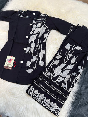 Black Floral Embroidery Front Open Button Shirt Palazzo Suit Dress for Girls, Party & Festive Indian Ethnic Wear, GRL -1838