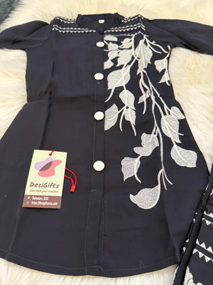 Black Floral Embroidery Front Open Button Shirt Palazzo Suit Dress for Girls, Party & Festive Indian Ethnic Wear, GRL -1838