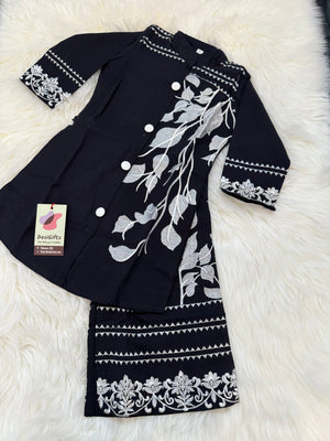 Black Floral Embroidery Front Open Button Shirt Palazzo Suit Dress for Girls, Party & Festive Indian Ethnic Wear, GRL -1838