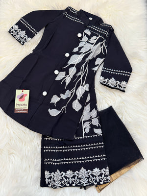 Black Floral Embroidery Front Open Button Shirt Palazzo Suit Dress for Girls, Party & Festive Indian Ethnic Wear, GRL -1838