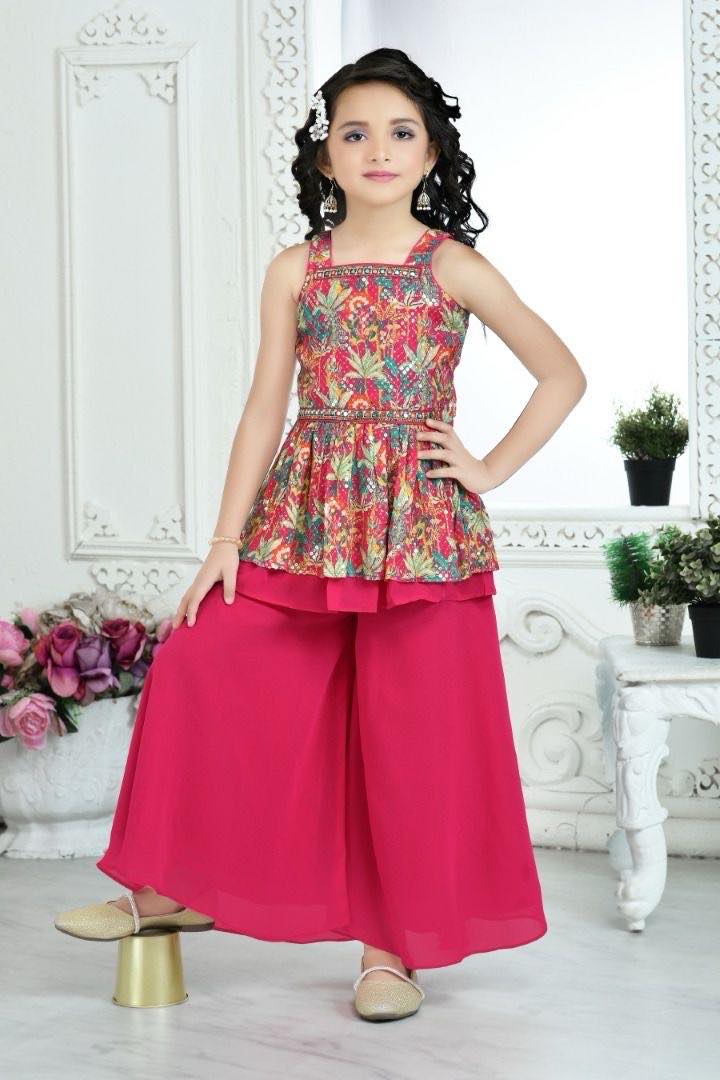 Girls' Traditional Indian Palazzo Set –Hot Pink Long Top with Colorful Embellishments, GRL -1839