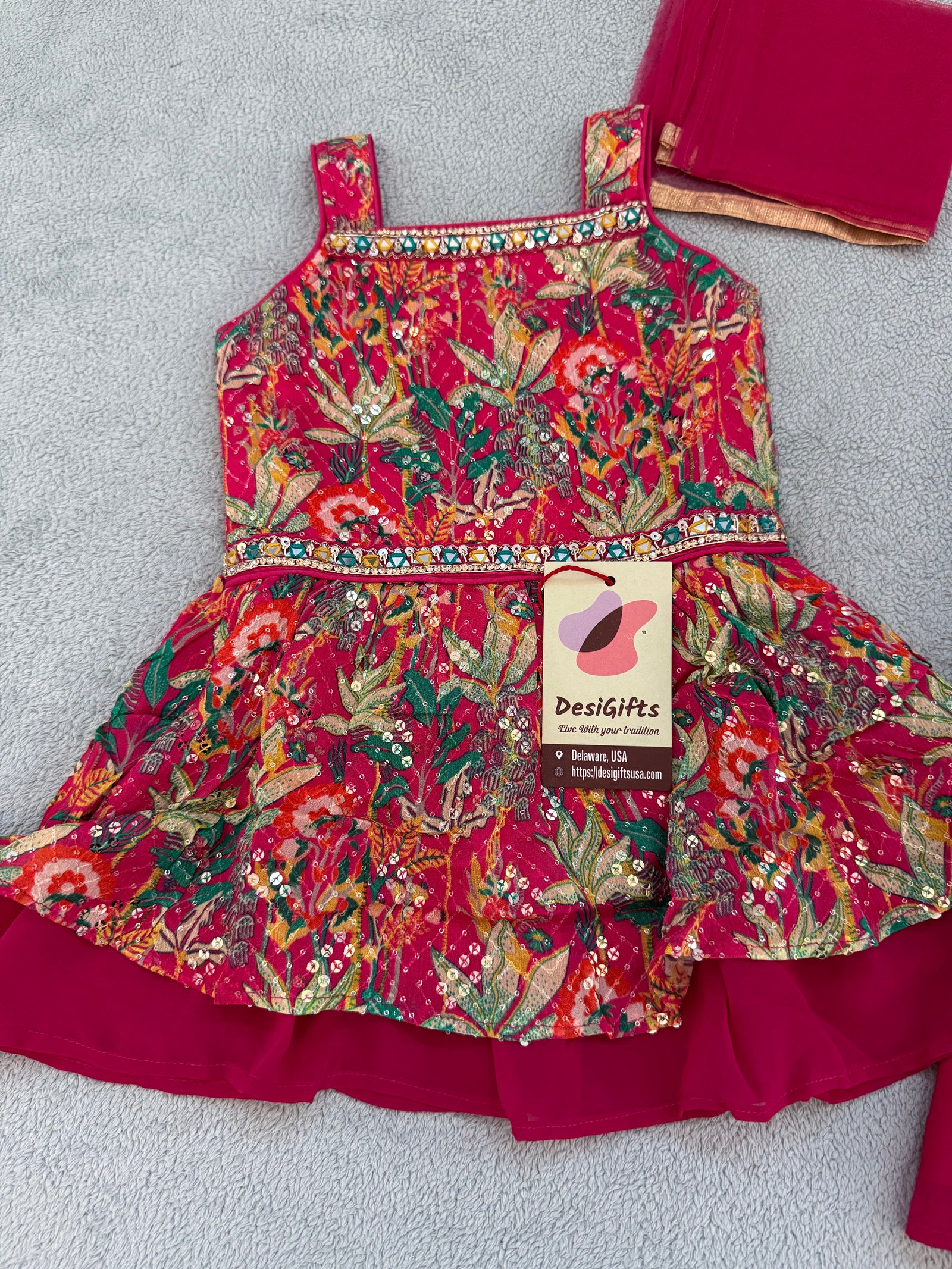 Girls' Traditional Indian Palazzo Set –Hot Pink Long Top with Colorful Embellishments, GRL -1839