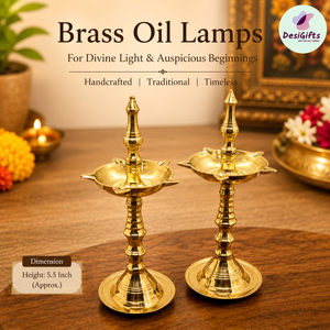 Set of 2 Brass Deepam Oil Lamps – 5.5 Inch Traditional Pooja Diya for Home Mandir, Temple & Festival Decor, OLB- 183