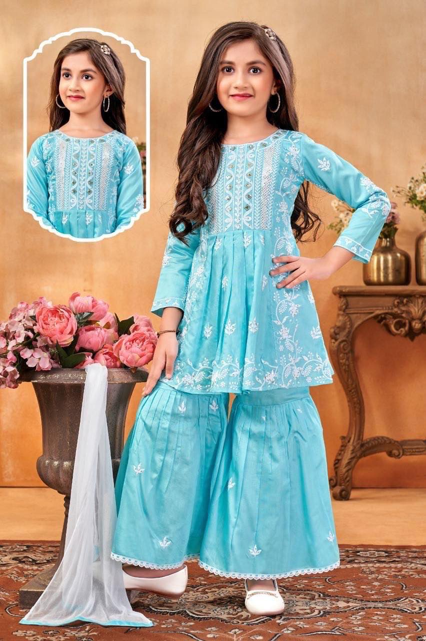 Trendy Cotton Mix Chikankari Embroidery 3 Piece Stylish Set for Girls, Design G- 1840