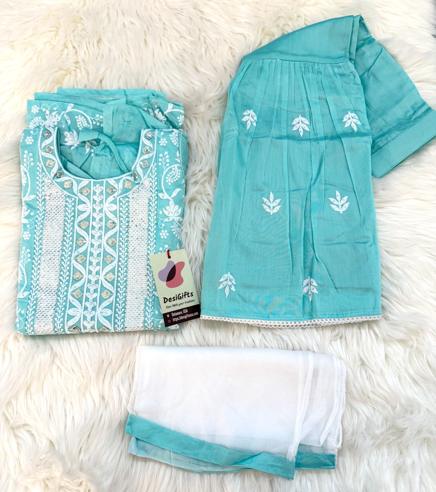 Trendy Cotton Mix Chikankari Embroidery 3 Piece Stylish Set for Girls, Design G- 1840