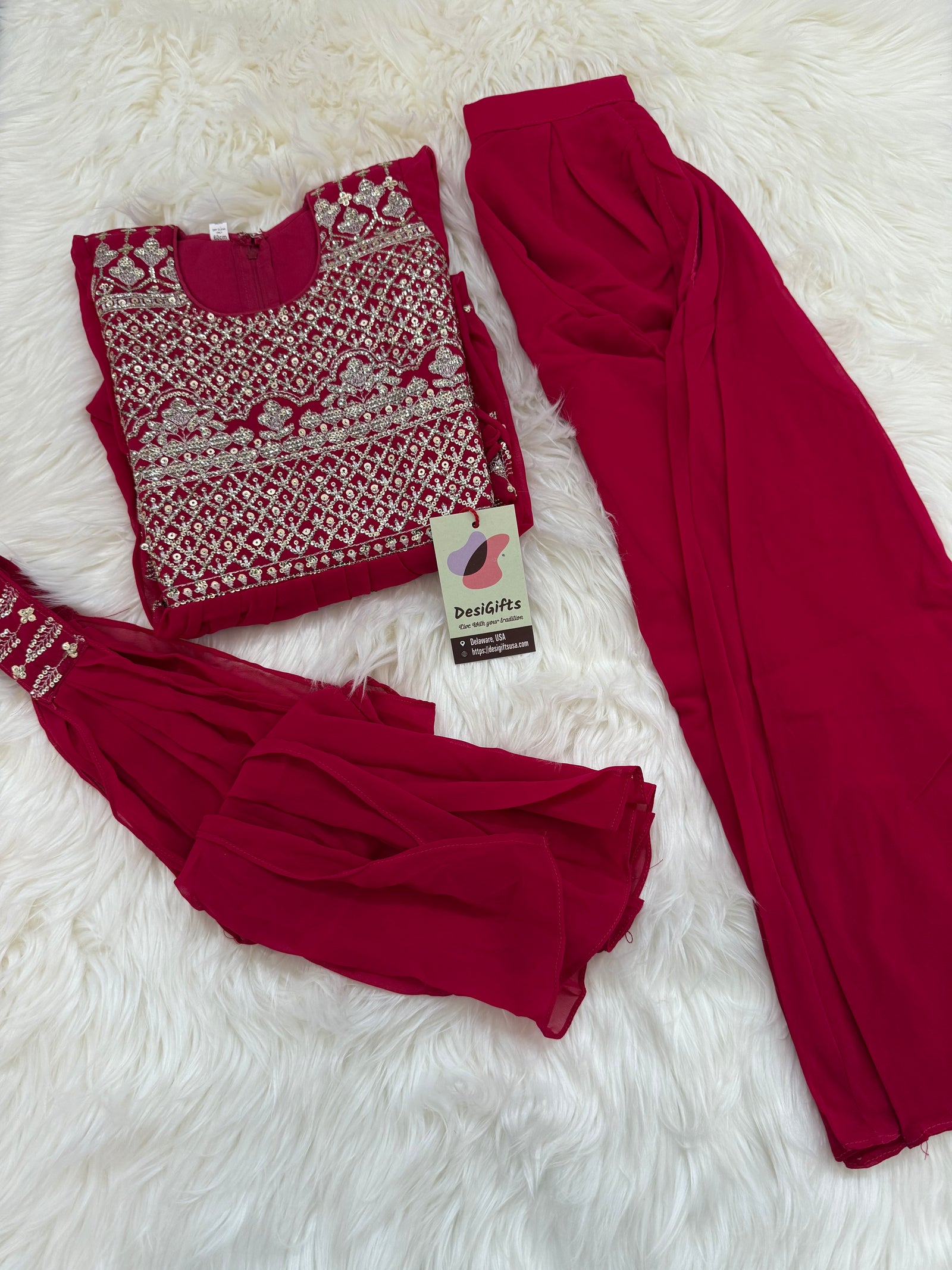 Girls Sharara Salwar Kurta with Dupatta Indian Ethnic Party Wear set     Stylish 3-Piece Red Kurti Palazzo Dress for Girls – Fine Georgette Fabric, Embroidery and Sequin Work, Design G-1842 (Copy)