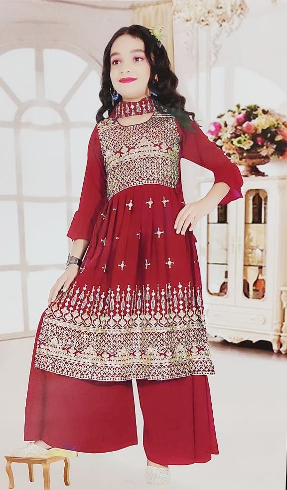 Girls Sharara Salwar Kurta with Dupatta Indian Ethnic Party Wear set     Stylish 3-Piece Red Kurti Palazzo Dress for Girls – Fine Georgette Fabric, Embroidery and Sequin Work, Design G-1842 (Copy)