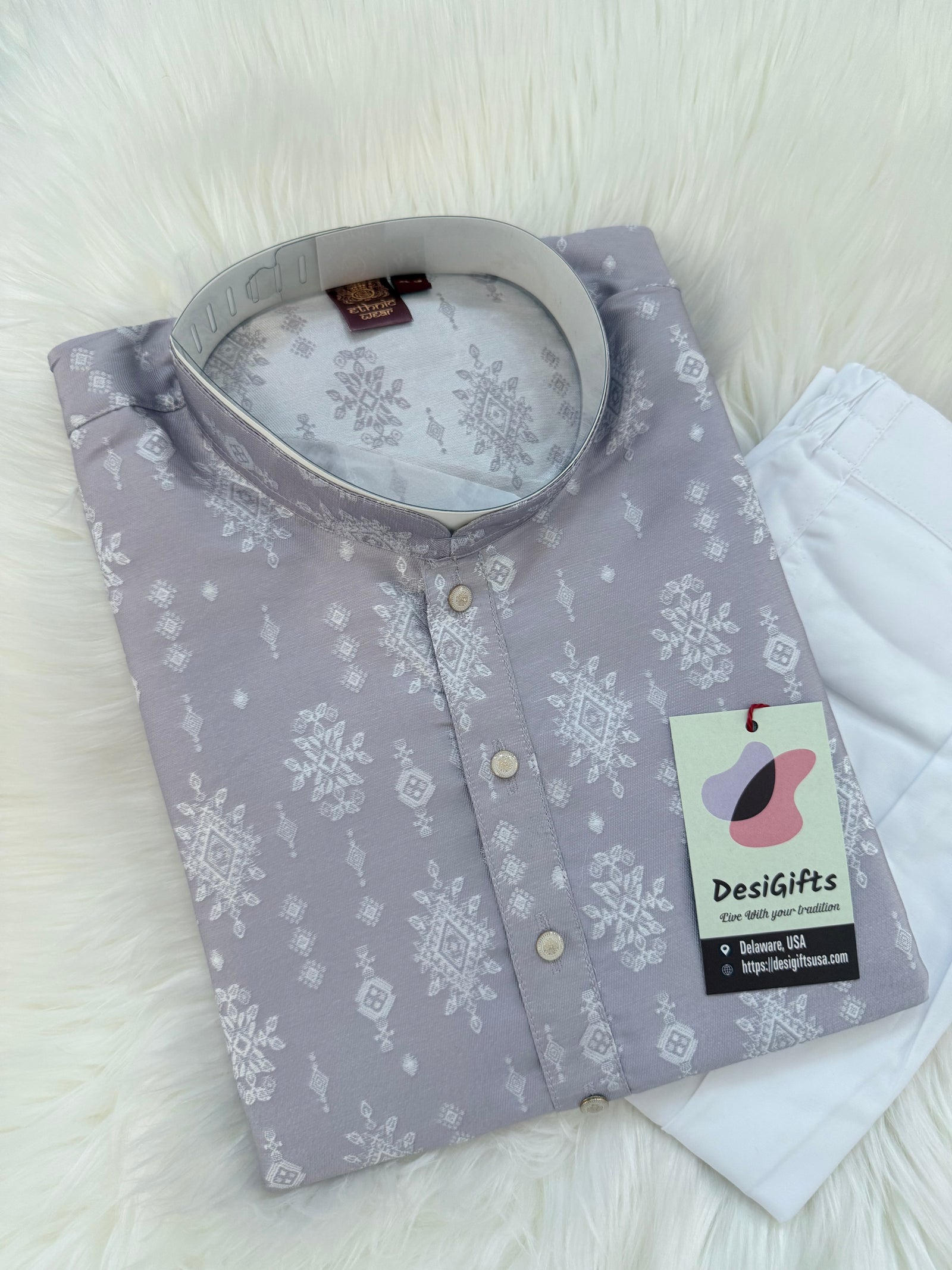 Pastel Purple Jacquard Silk Kurta Pajama Set with Off White Self woven work for Men, KPS-3026