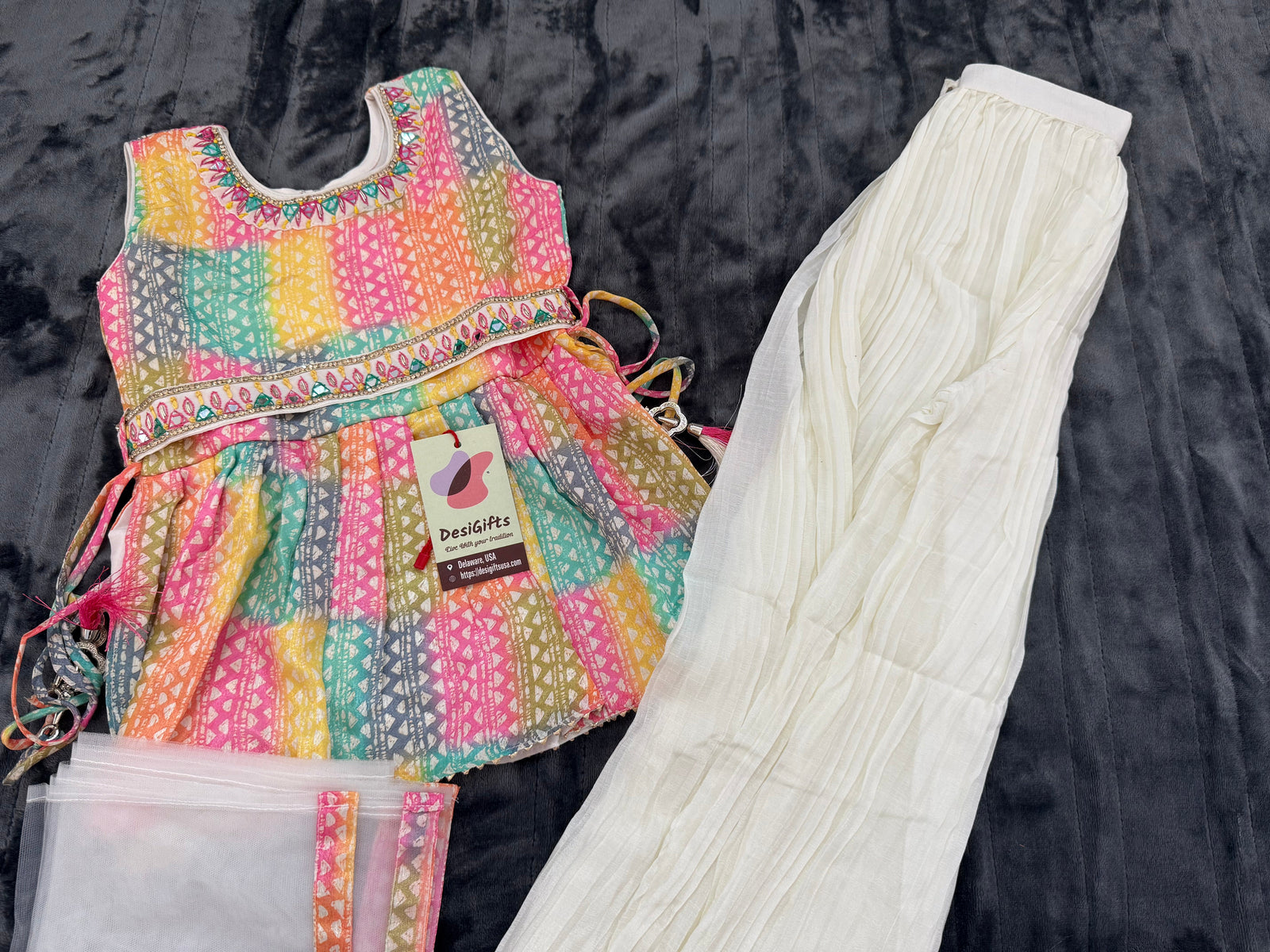 Sparkling Colors! Girls’ Indian Palazzo Suit Set with Stunning Long Top & Off white Palazzo, Girls Dress GRL -1843