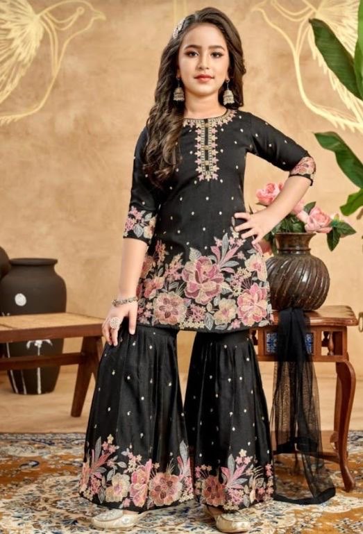 Girls’ Glam Sharara Salwar Kurta Ensemble with Dupatta in Black – Embroidered Indian Ethnic Party Wear, G -1844