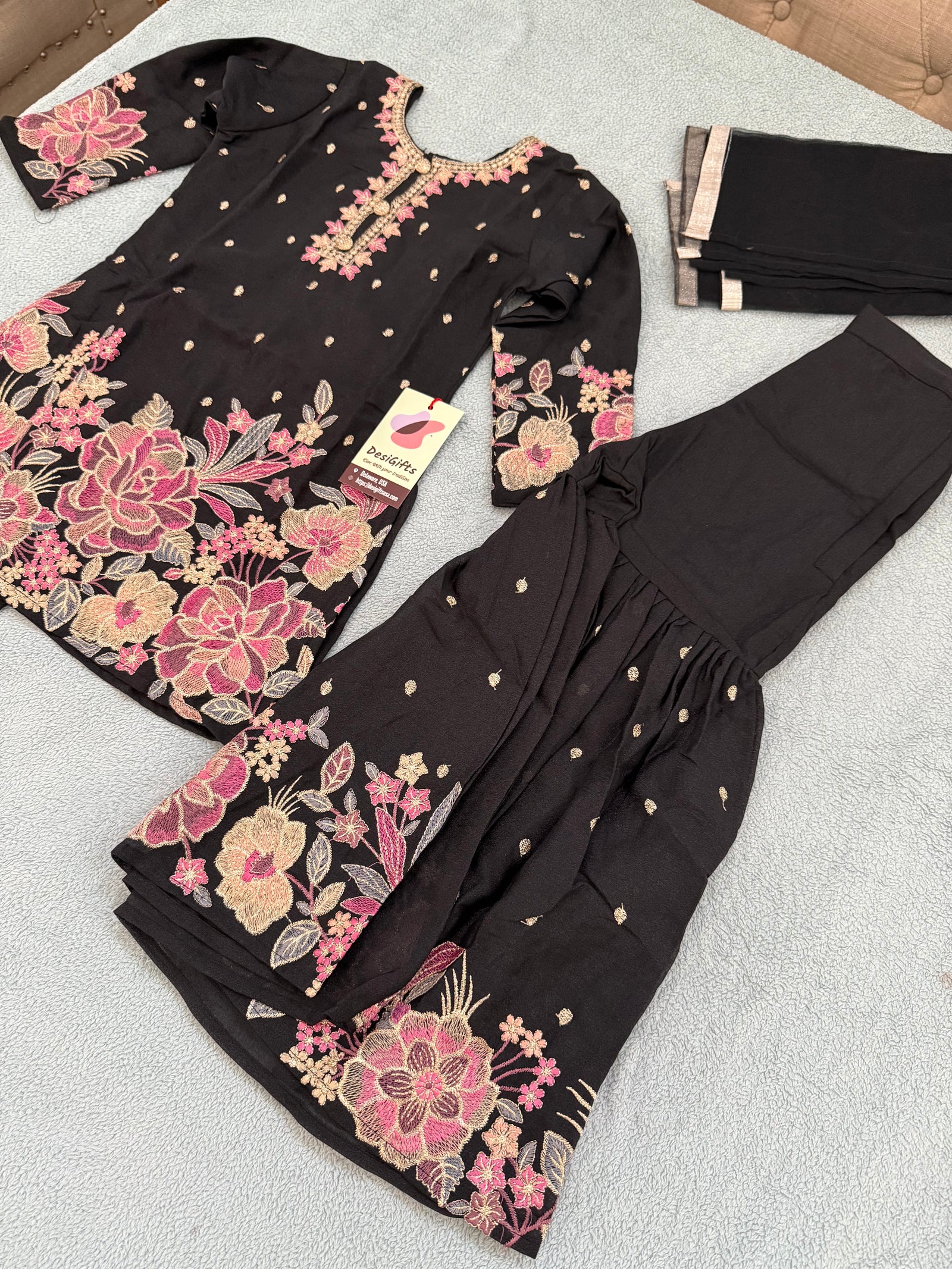 Girls’ Glam Sharara Salwar Kurta Ensemble with Dupatta in Black – Embroidered Indian Ethnic Party Wear, G -1844