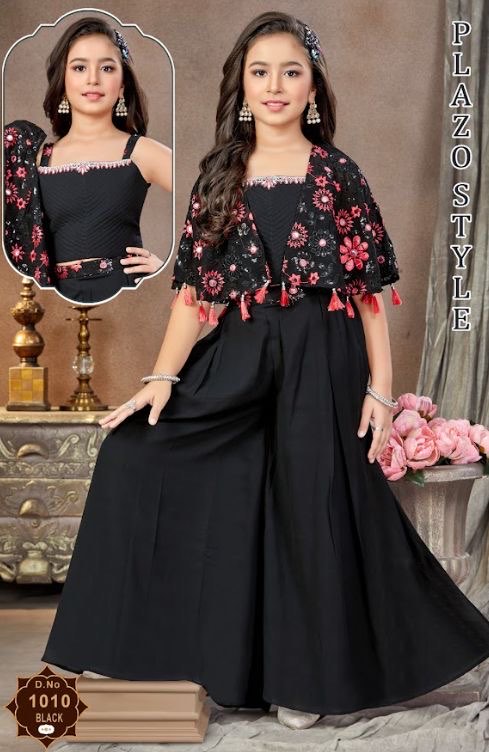 Black Embroidered Top with Jacket and Palazzo Set for Girl, Indian traditional Girl Dress, GRL - 1845