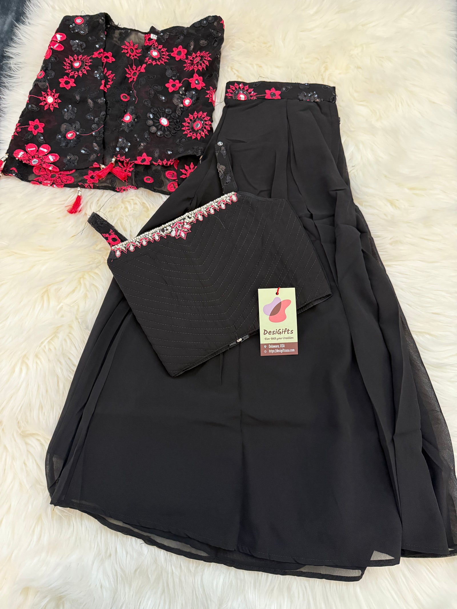 Black Embroidered Top with Jacket and Palazzo Set for Girl, Indian traditional Girl Dress, GRL - 1845