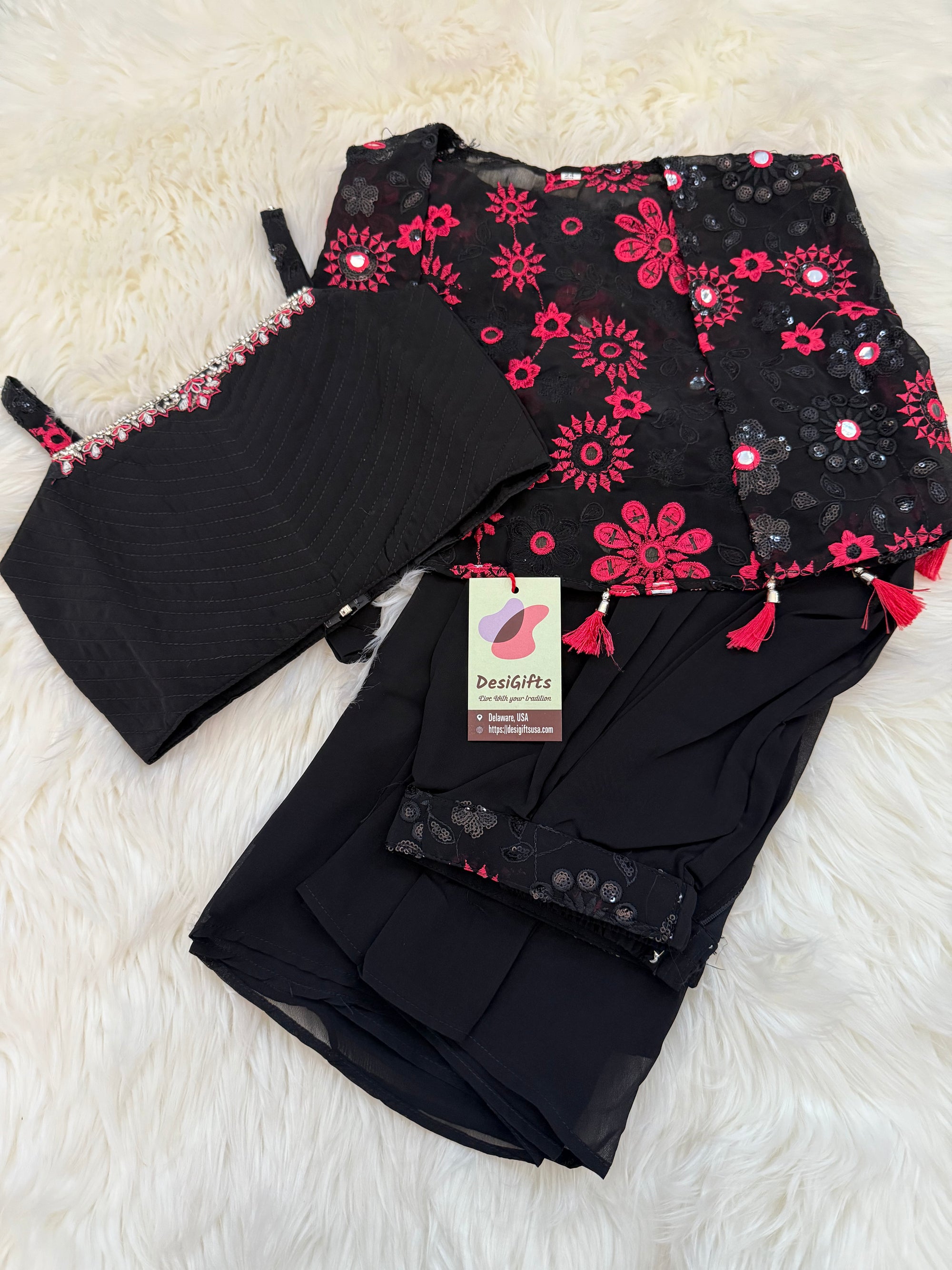 Black Embroidered Top with Jacket and Palazzo Set for Girl, Indian traditional Girl Dress, GRL - 1845