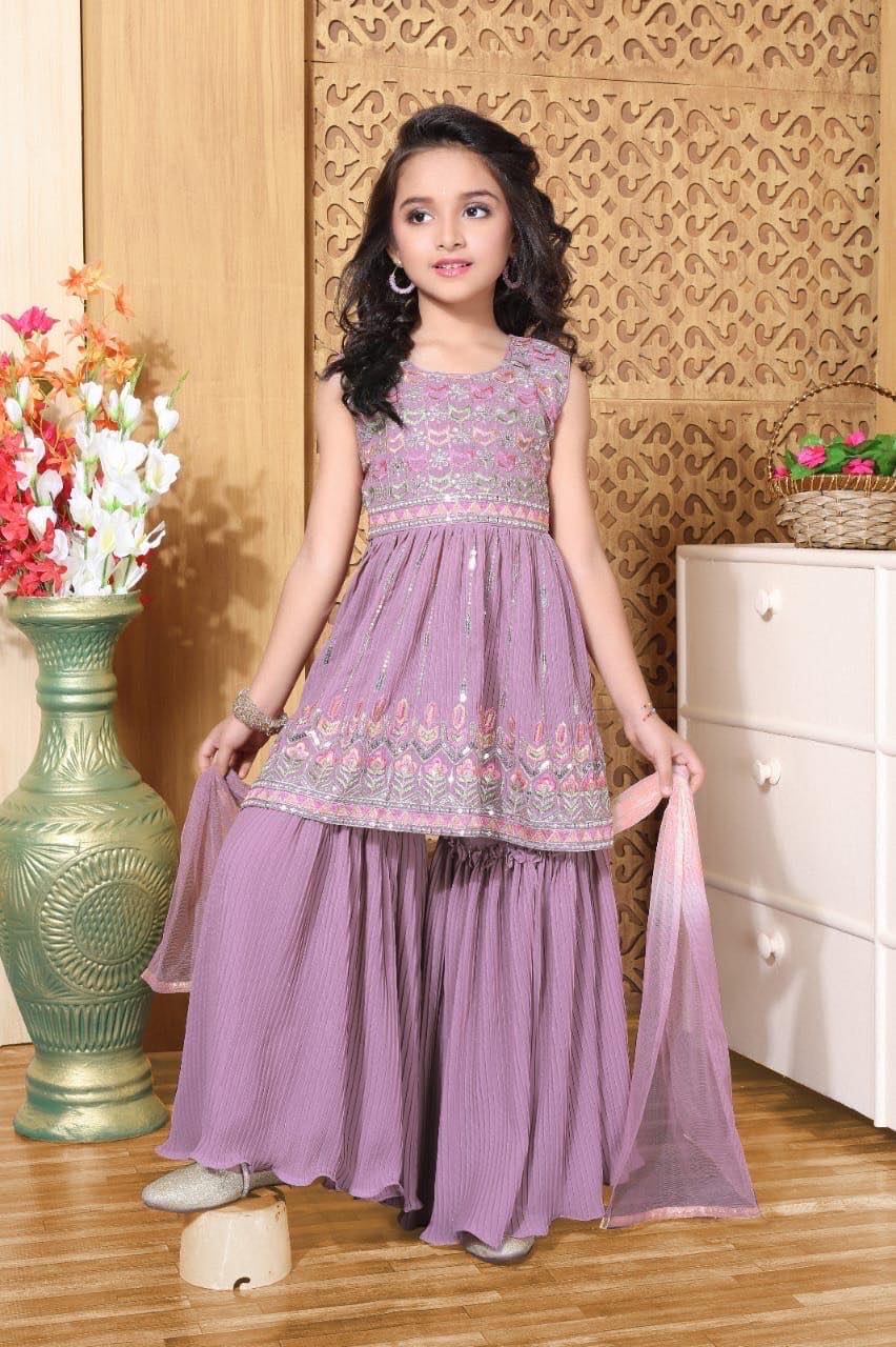 Girls’ Iconic Sharara Salwar Kurta Ensemble with Dupatta in Light Purple – Indian Ethnic Party Wear with Embroidery & Sequins, G -1846