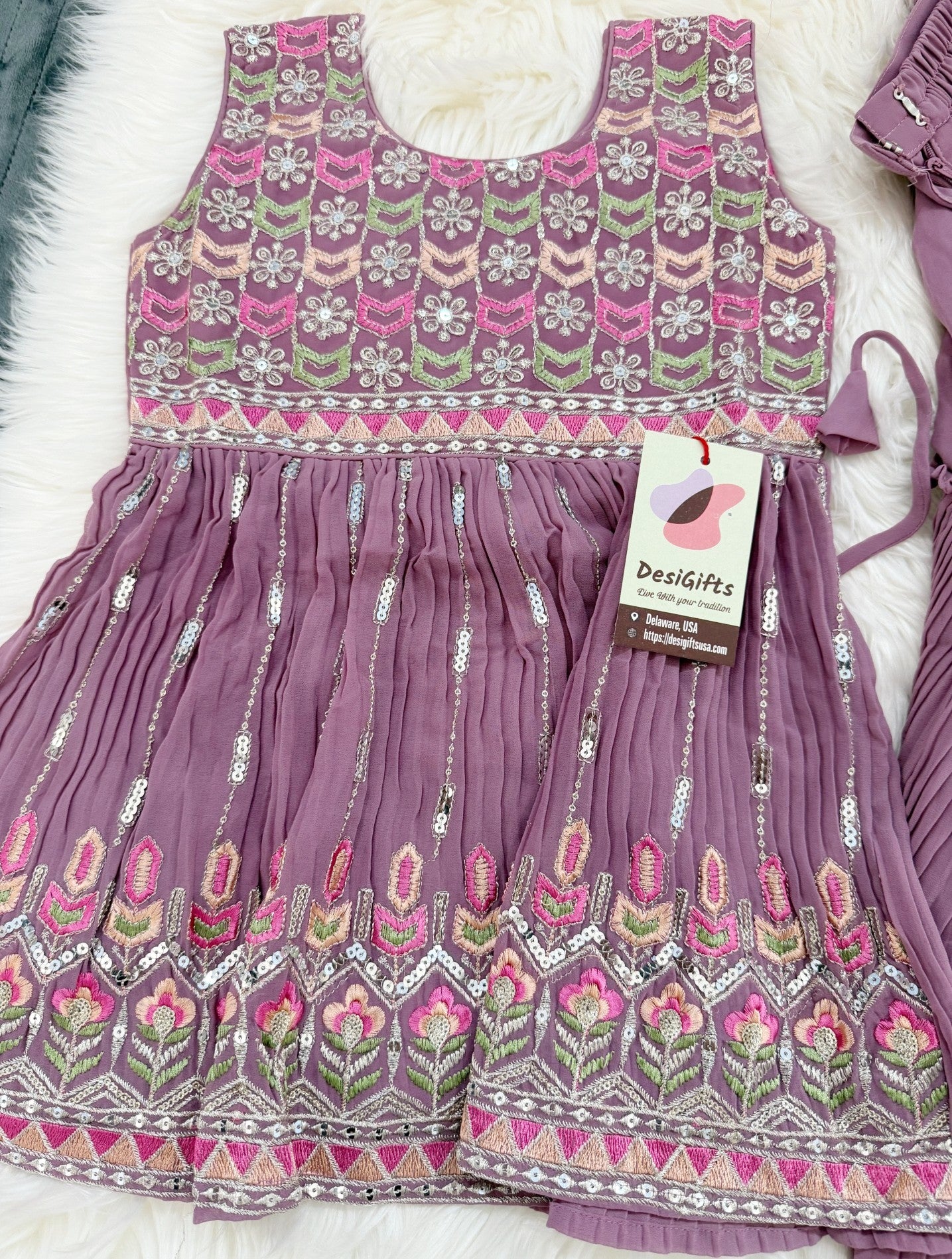 Girls’ Iconic Sharara Salwar Kurta Ensemble with Dupatta in Light Purple – Indian Ethnic Party Wear with Embroidery & Sequins, G -1846