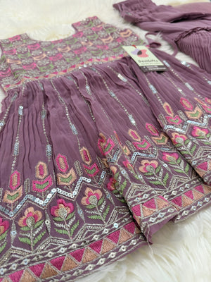Girls’ Iconic Sharara Salwar Kurta Ensemble with Dupatta in Light Purple – Indian Ethnic Party Wear with Embroidery & Sequins, G -1846