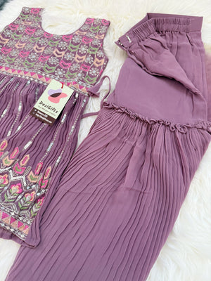 Girls’ Iconic Sharara Salwar Kurta Ensemble with Dupatta in Light Purple – Indian Ethnic Party Wear with Embroidery & Sequins, G -1846