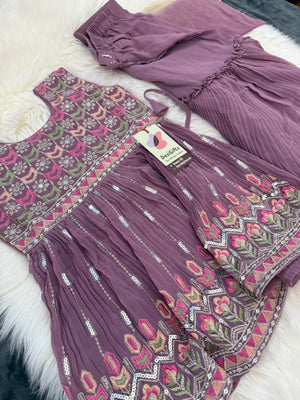 Girls’ Iconic Sharara Salwar Kurta Ensemble with Dupatta in Light Purple – Indian Ethnic Party Wear with Embroidery & Sequins, G -1846