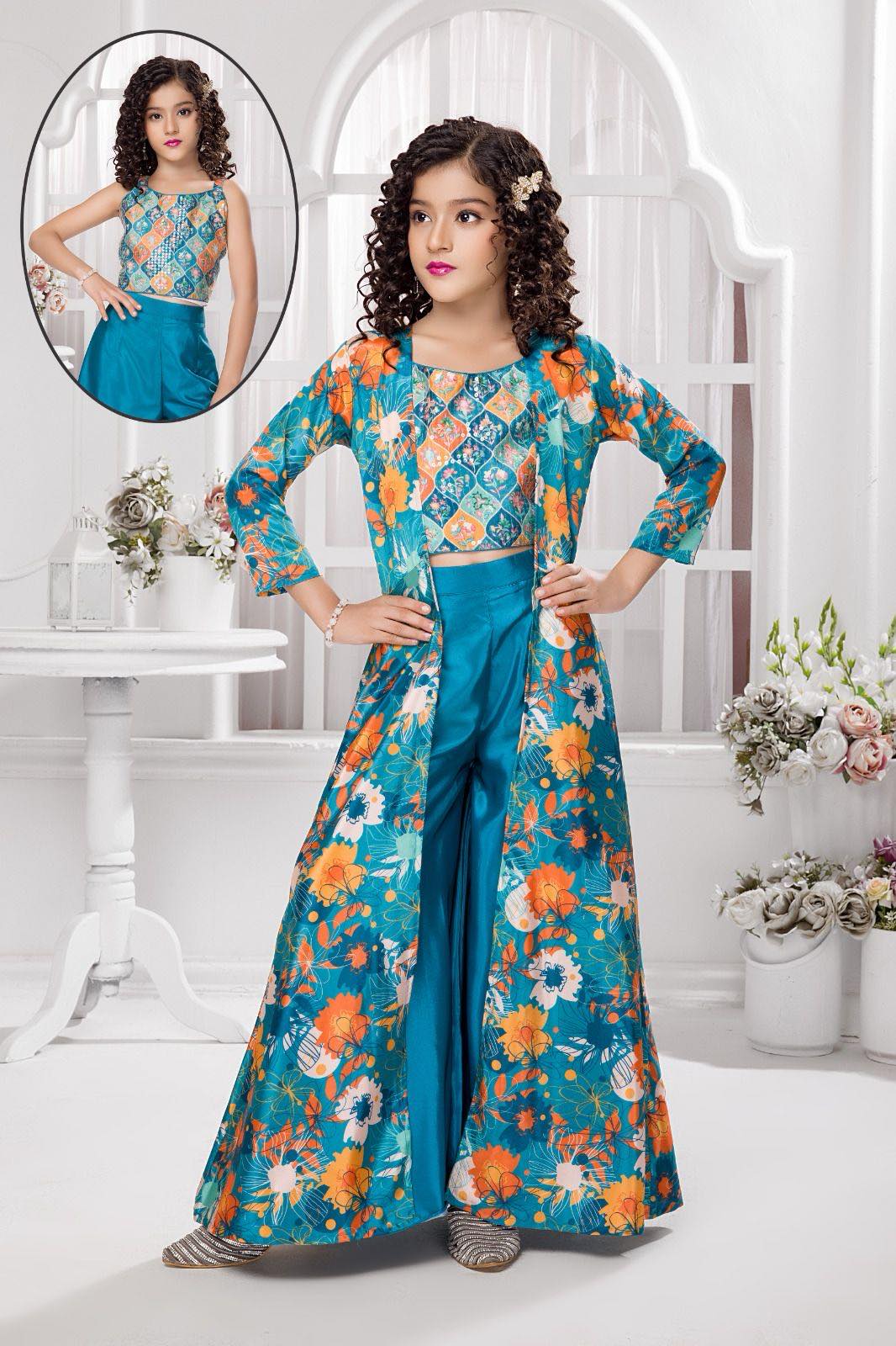 Festive Lehnga Choli with Jacket, Indian traditional festive outfit for Princess in Teal Blue Shade, Girl Design GRL - 1847