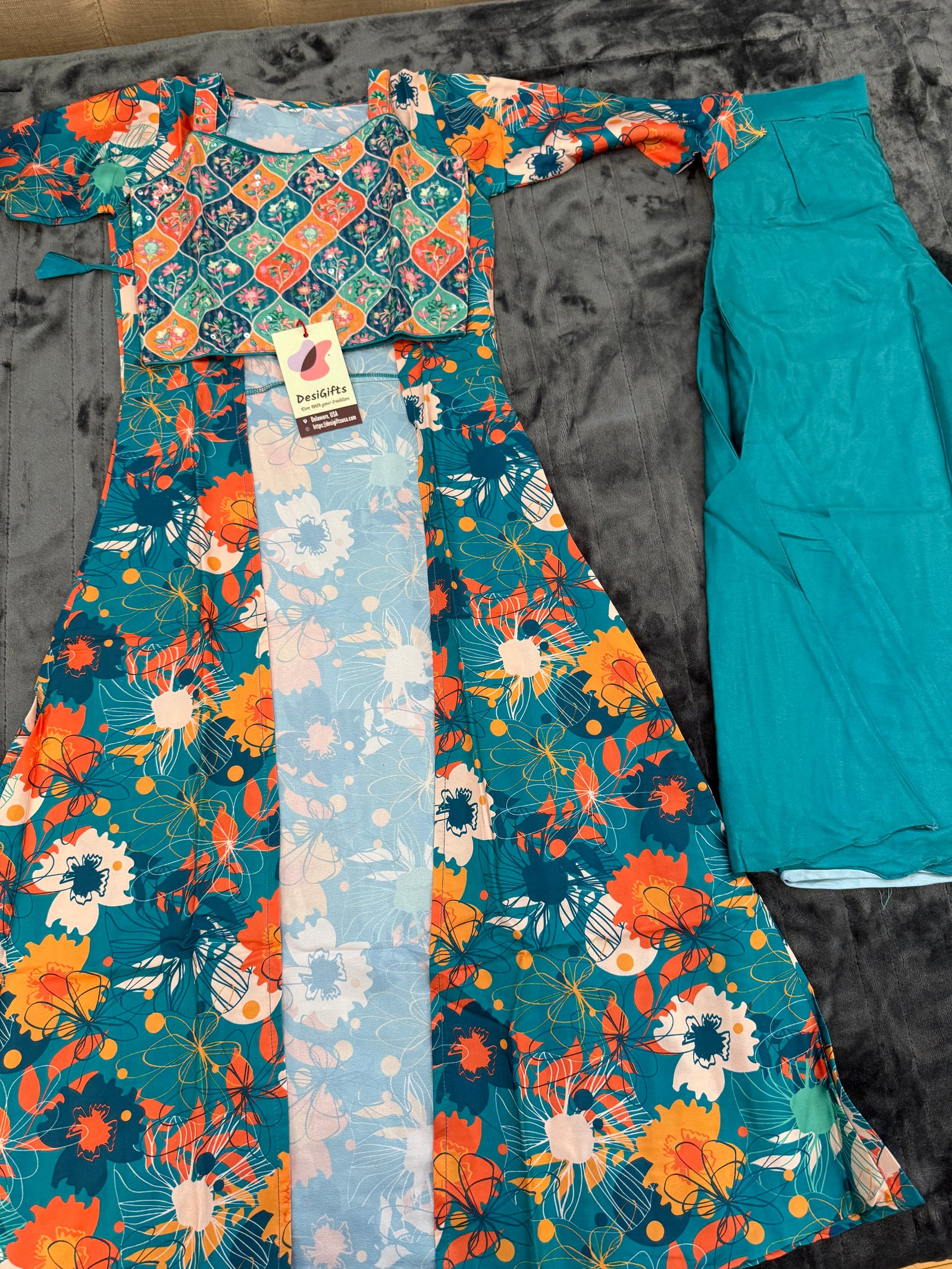 Festive Lehnga Choli with Jacket, Indian traditional festive outfit for Princess in Teal Blue Shade, Girl Design GRL - 1847