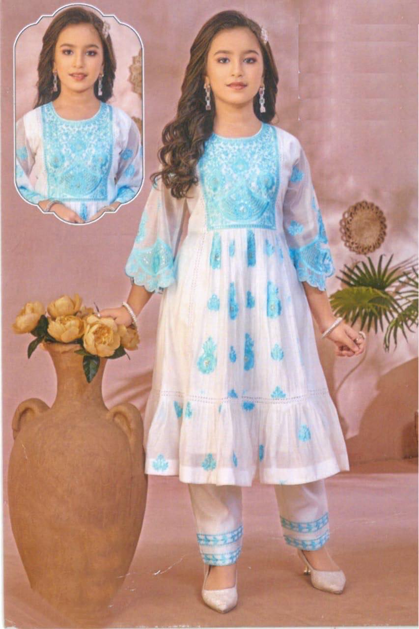 Festive Georgette Chikankari Embroidery 3 Piece Pretty White Set for Girls, Design G- 1848