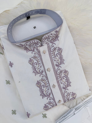 Size 42 (L), Men's Off-White Embroidered Kurta Pajama Set – Sage Green & Dusty Lavender | Indian Wedding & Festive Wear| KP-4067