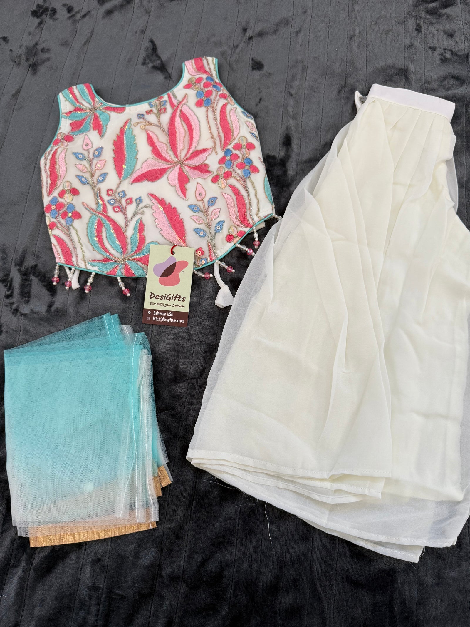 Indian Palazzo Suit for Girls – Cream Top with Vibrant Threadwork & Embroidery, GRL -1849